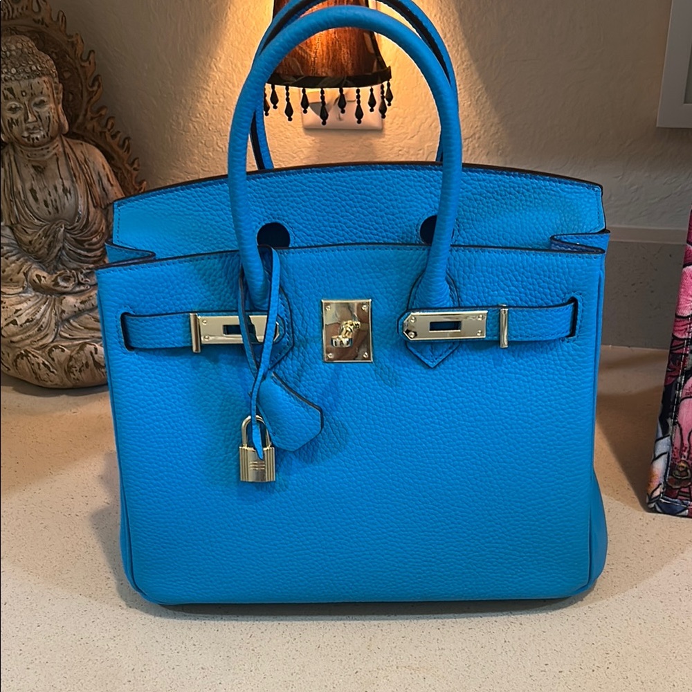 Blue Leather Satchel with Silver Hardware
